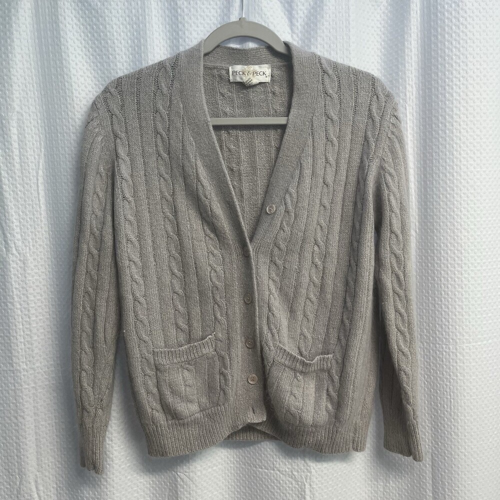 Vtg Peck & Peck Silk Angora Blend Gray Cable Knit Cardigan Sweater Medium